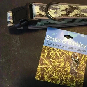 Silver puppy charm and Medium Cute Stylish green camo print dog collar